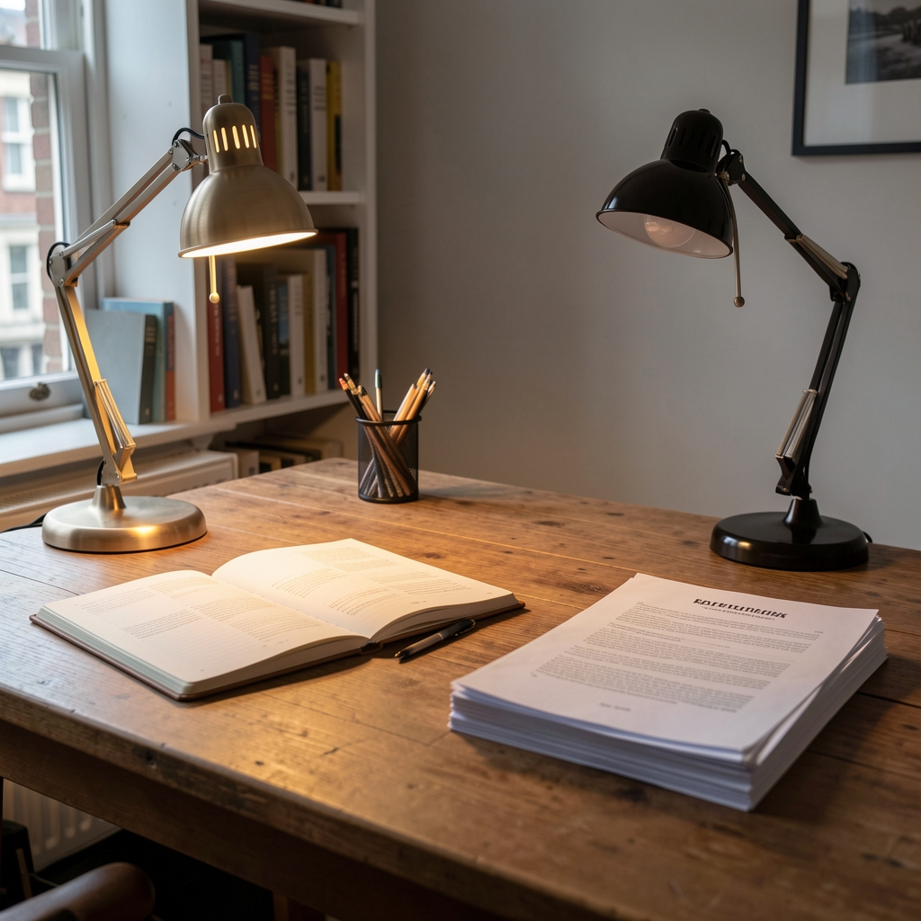 Editorial workspace with open notebooks, printed research pages, and a warm desk lamp casting focused light on a writing surface in a quiet study