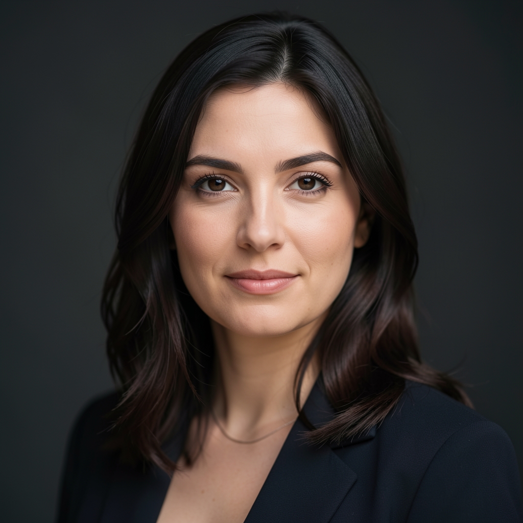 Professional editorial portrait of a woman with dark hair, photographed in soft natural side lighting against a dark neutral background in a London studio