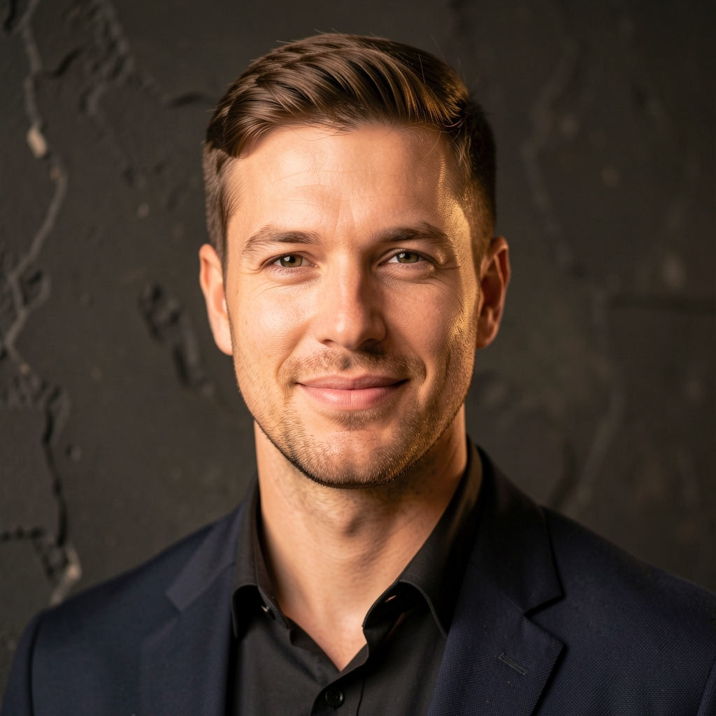 Editorial portrait of a man with short brown hair, photographed under controlled warm studio lighting against a textured dark wall, relaxed expression