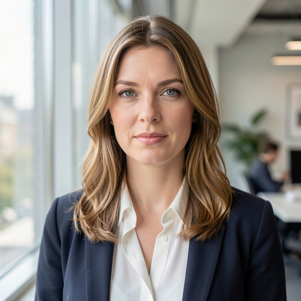 Editorial portrait of a woman with light brown hair, photographed in natural daylight near a window, soft diffused light, neutral expression, London office environment