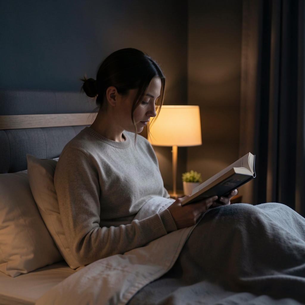Person in dim bedroom performing a slow evening wind-down routine, reading beside a soft amber bedside lamp, dark walls visible in background