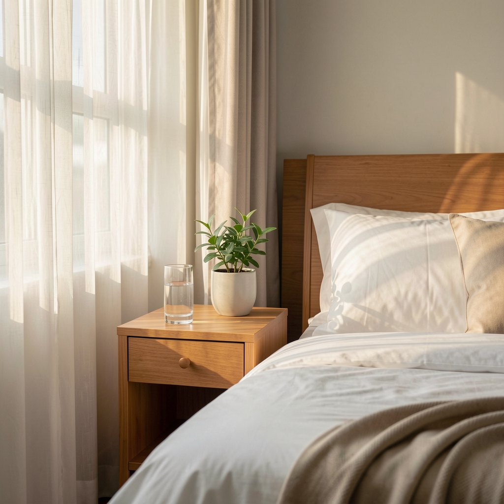 Morning light streaming through sheer curtains into a tidy bedroom, illuminating a bedside table with a glass of water and a small plant