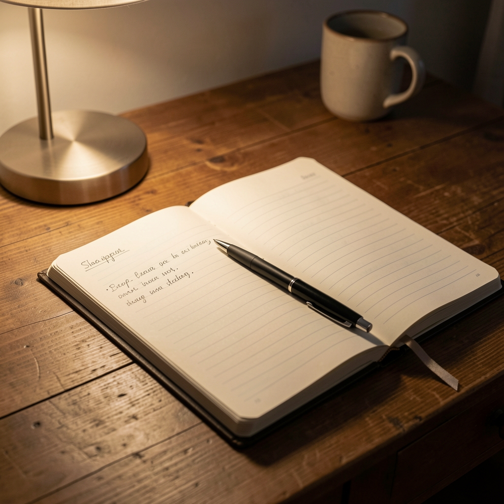 Close-up of a handwritten sleep journal open on a wooden desk beside a dimly lit lamp, pen resting across the page