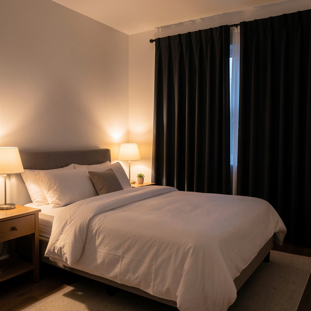 Quiet bedroom at dusk with soft warm lamp light illuminating white linen bedding on a neatly made bed, blackout curtains partially drawn
